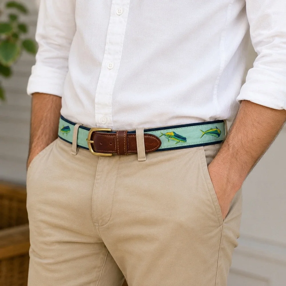 Preston New England Mens Mahi Mahi Fish Surcingle Belt Blu Green Leather Size 32